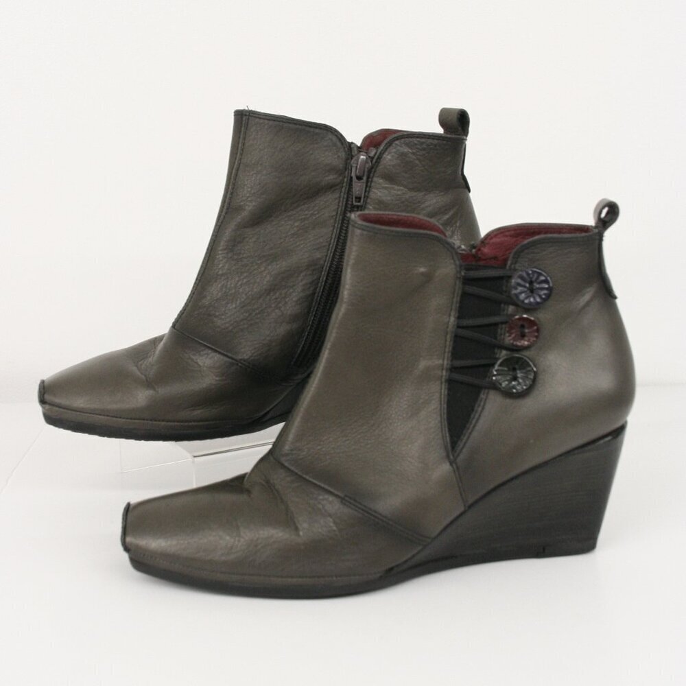 Sz 40- Hispanitas Glove Grey Leather Square Toe Wedge Women's Ankle Boots Shoes‎